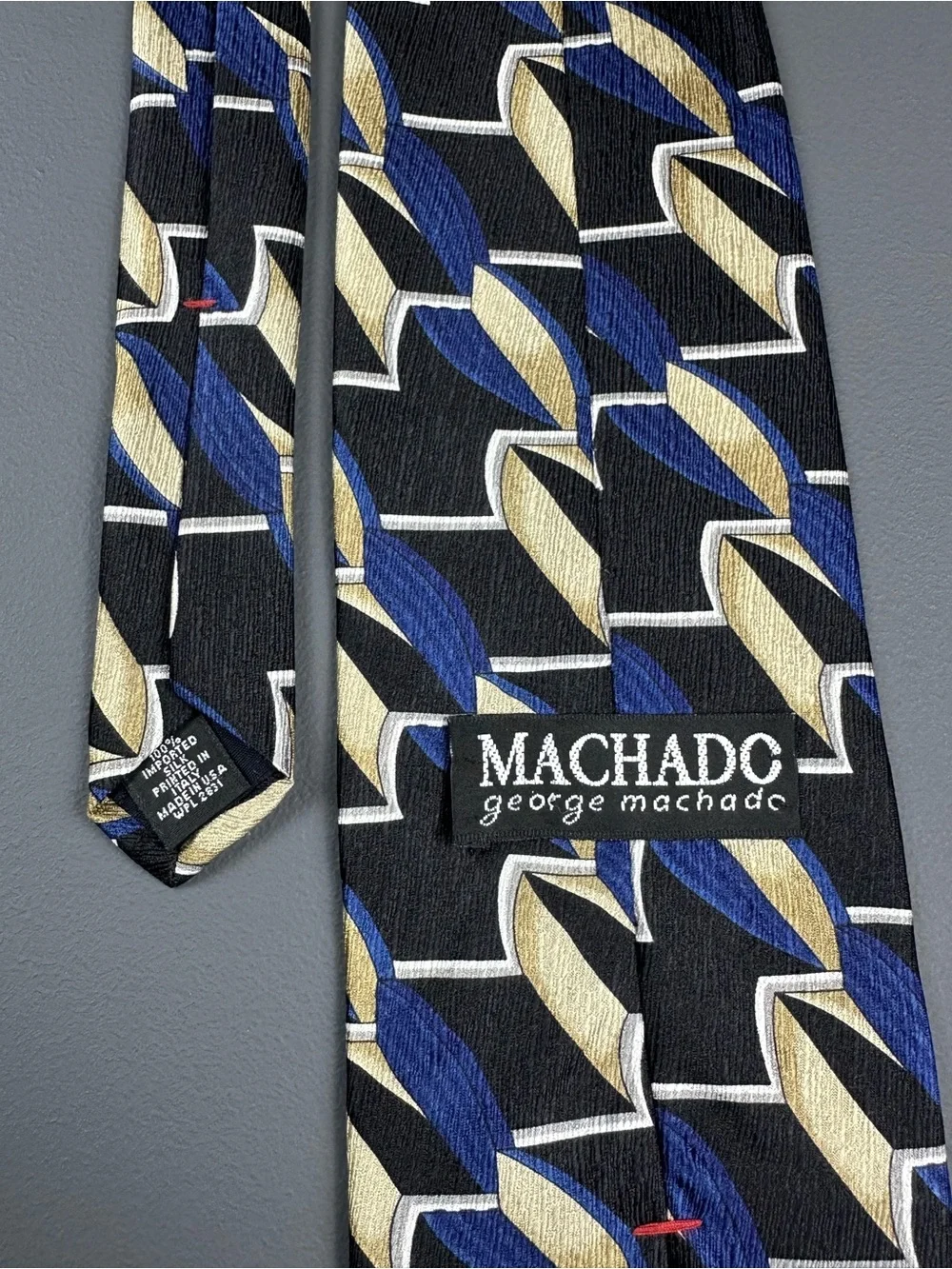 George Machado Designer 100% Silk Tie Blue Gold Black Geometric Made in USA